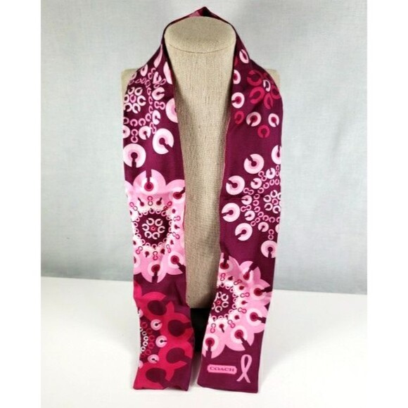 COACH Breast Cancer Awareness Slim Scarf Signature Logo Pink Red Silk Reversible - Picture 2 of 16